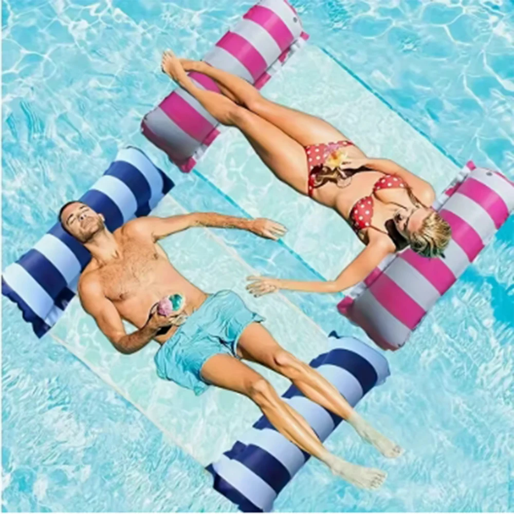 Sillón inflable plegable a rayas, adecuado para fiestas en la piscina y camas flotantes de ocio en la playa con respaldo de red
