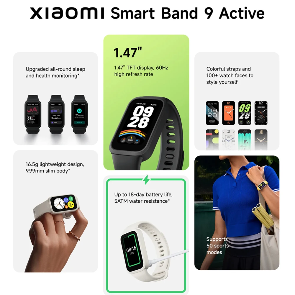 Глобальная версия Xiaomi Smart Band 9 Active Bluetooth Умные часы TFT-экран с диагональю 1,47 дюйма 18 дней автономной работы Спортивный режим Отслеживание сна