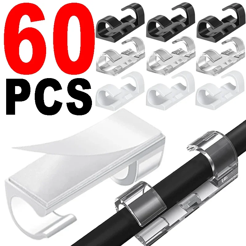 Clips de cables adhesivos, soporte para cables para pared, pegatinas autoadhesivas fuertes y transparentes, organizador de gestión de cables para escritorio, coche, oficina y hogar