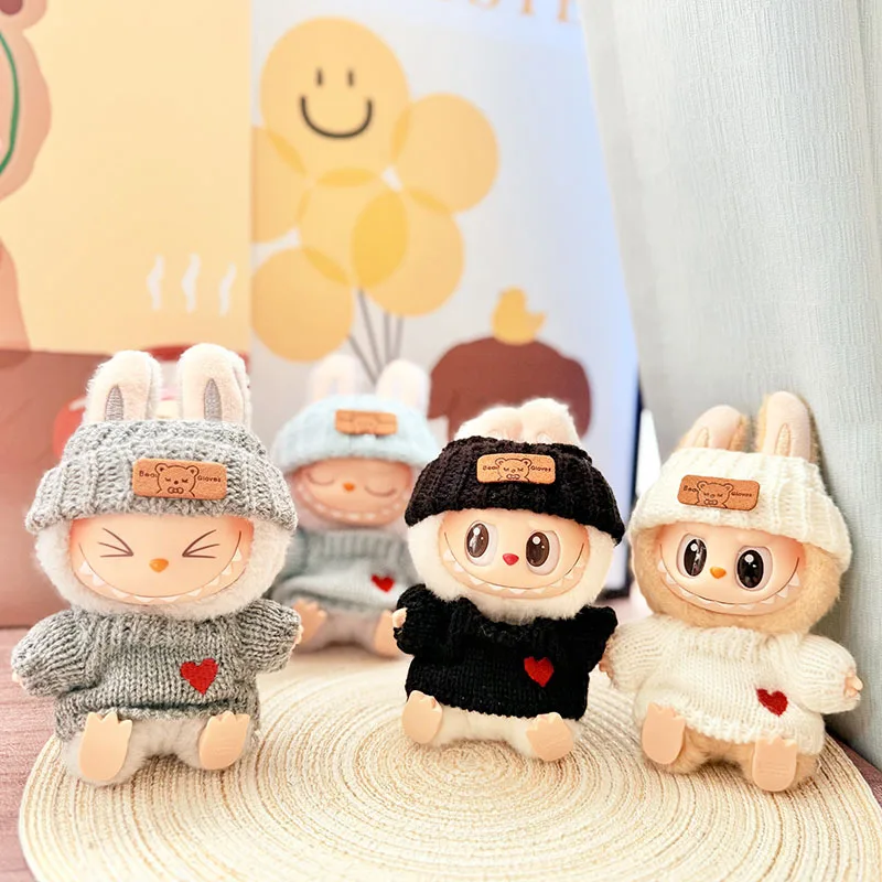 Für 15-17 cm Labubu Puppe Zubehör Outfit Kleidung Bär Label Hut Liebe Pullover Set Nette Dekoration Kleine Kleidung spielzeug Sammler