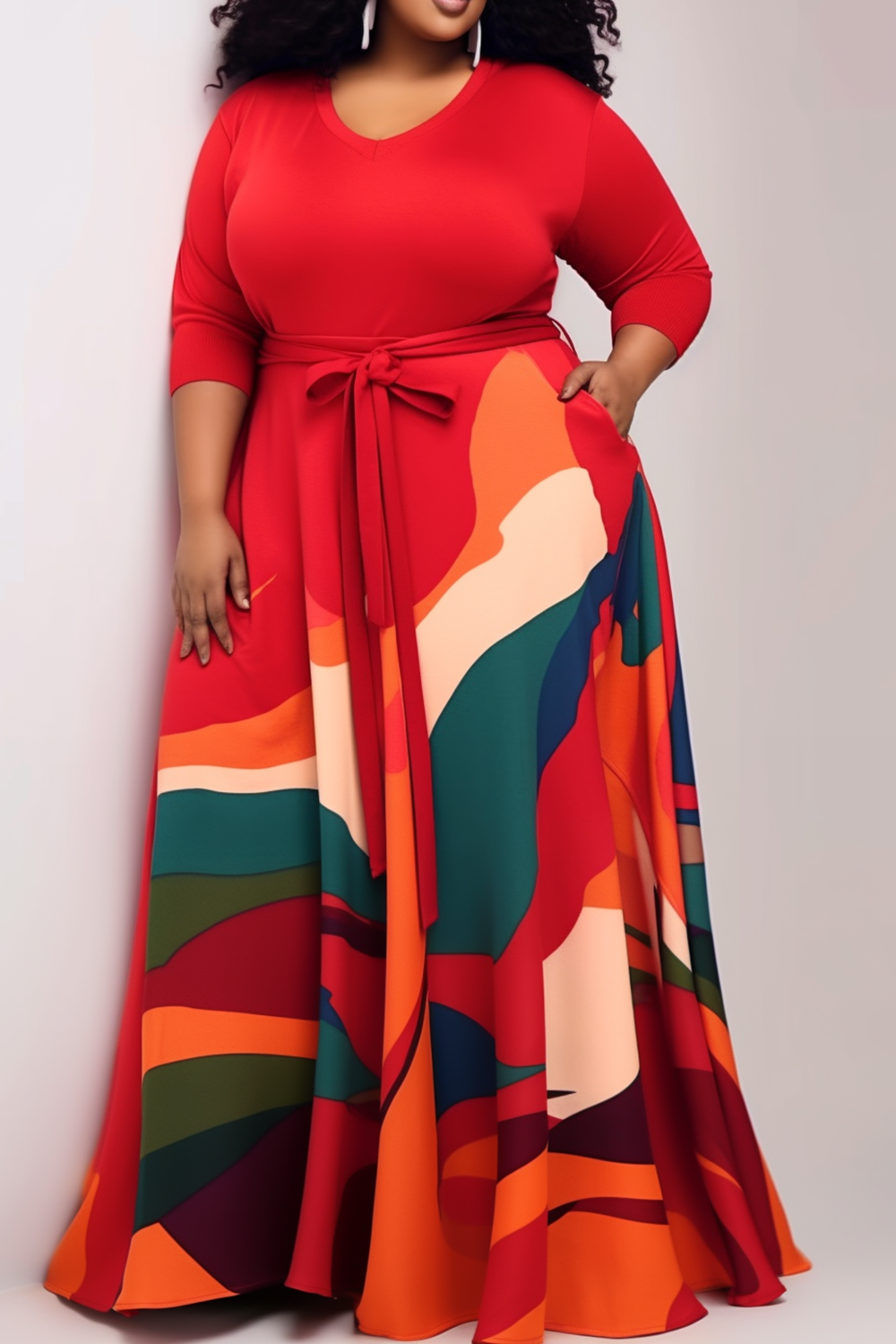 Vestido casual plus size vermelho com estampa completa em torno do pescoço vestido maxi de malha com bolso
