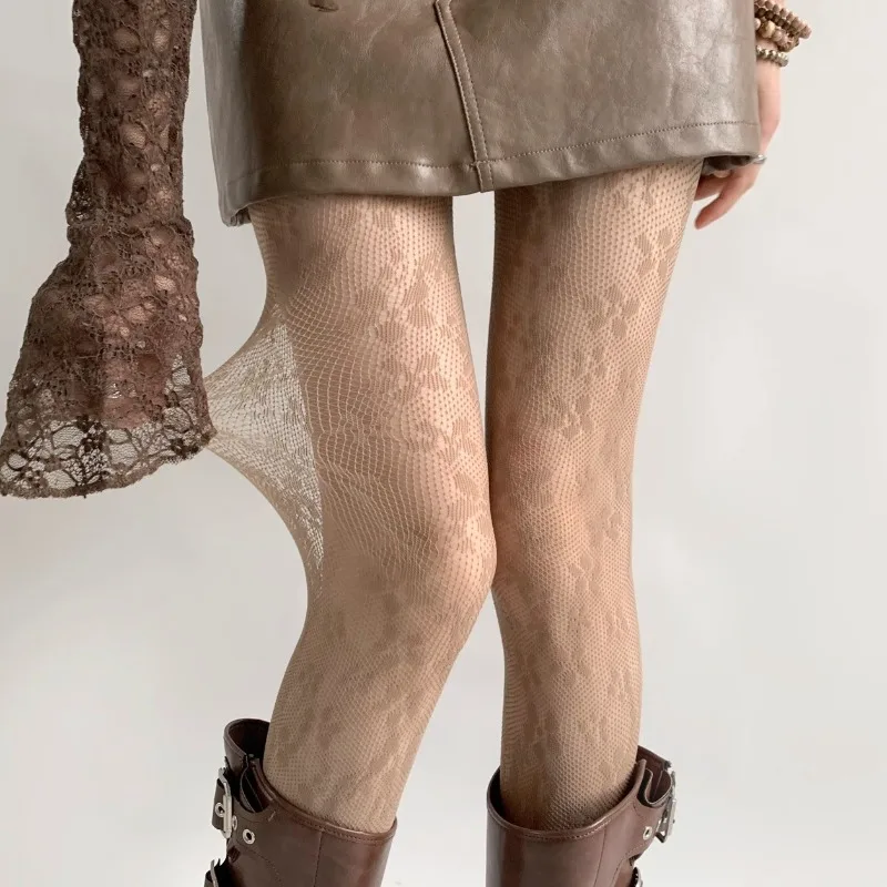Nuevo pantimedias de rejilla marrones con patrón Floral para mujer, medias de malla caladas de café sexis Y2k Lolita, medias de encaje transparente de nailon