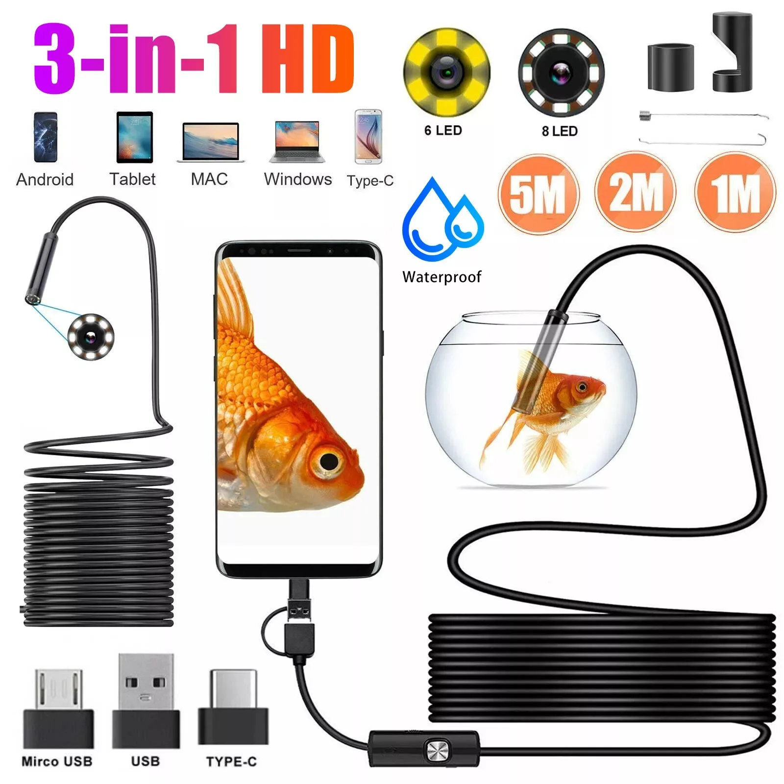 Cámara endoscópica HD USB 480P/720P con 8 LED 1/2/3,5/5/10M boroscopio de inspección impermeable para PC Android