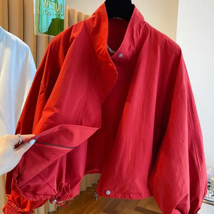 2025 New Red Stand Up Collar Casual Jacket For Women In Spring And Autumn Loose Casual Short And Thin Jacket Top