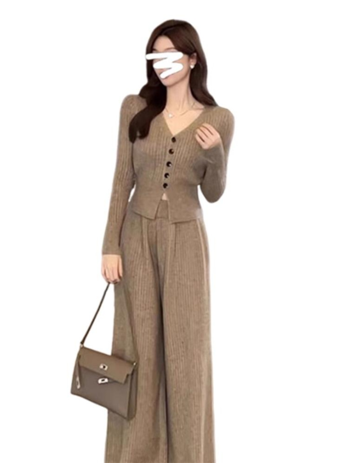 ファッショナブルな初秋ニットセットレディース長袖Vネックボタン留めパンツ長ズボン高級感小さいサイズ