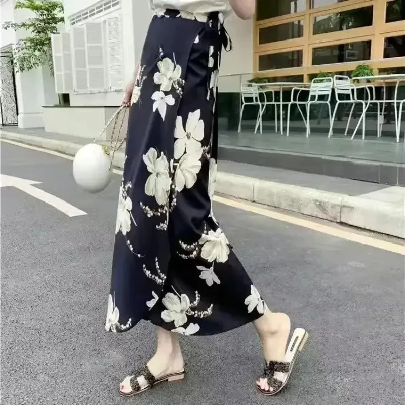 Gonna floreale da spiaggia estiva per donna Gonna lunga avvolgente in cotone a vita alta lunga con spacco laterale e dettaglio cravatta Design stile Boho