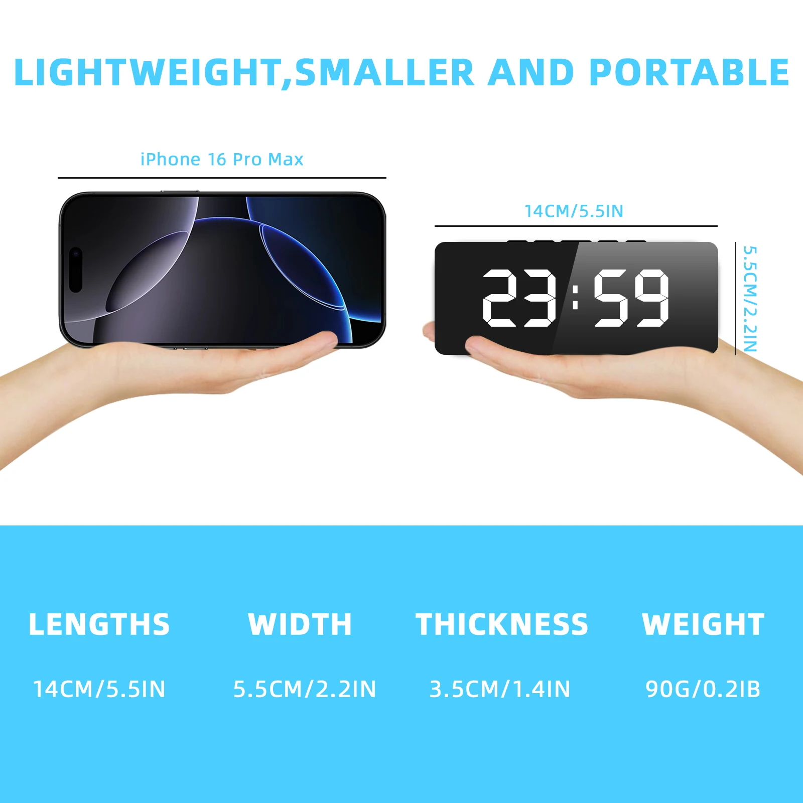 Sveglia intelligente Comodino Sveglia a LED Sveglia elettronica digitale per bambini Schermo curvo Temperatura a specchio