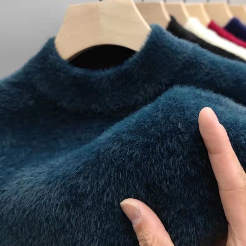 Jersey nuevo para hombre, suéter suave y cálido de manga larga con cuello simulado, suéter de lana fina de Color sólido, suéteres informales sueltos y cálidos gruesos