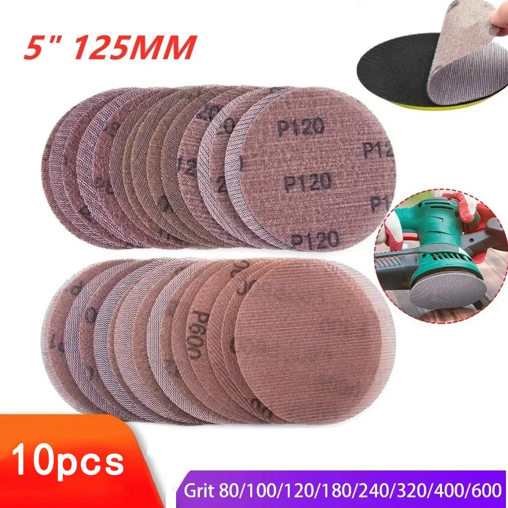 10Pcs 5 zoll 125mm Mesh Schleif Scheiben Haken & Schleife Schleif Staub Frei Disc Anti-Blocking-scharfe Schleifen Schleifpapier Für Holz Möbel