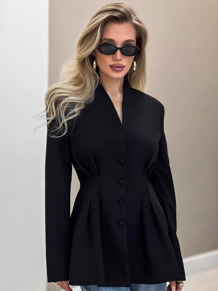 FDYOUI Elegante Tuniken mit V-Ausschnitt, schwarzer Anzug, 2025, Herbst, Damen, langärmelig, einreihig, schmale Blazer, geraffte Oberbekleidung, Streetwear