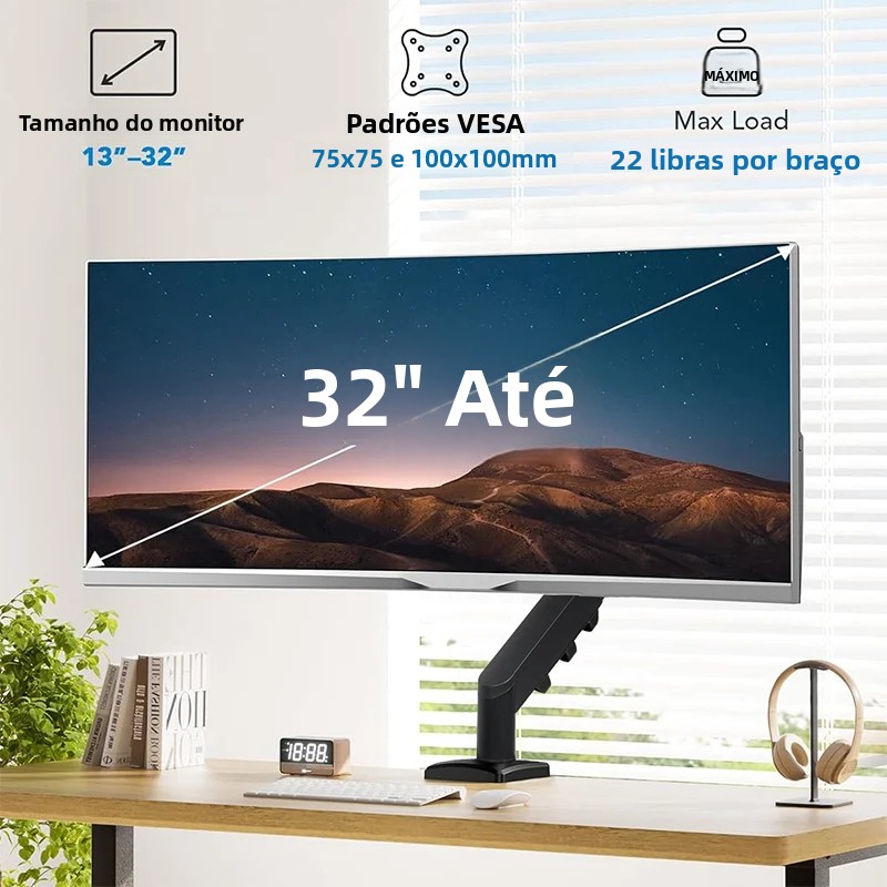 suporte para monitor de computador de braço único/duplo com 360 °   rotação, braço de monitor duplo com mola ajustável de 13-32 polegadas para retenção de mesa