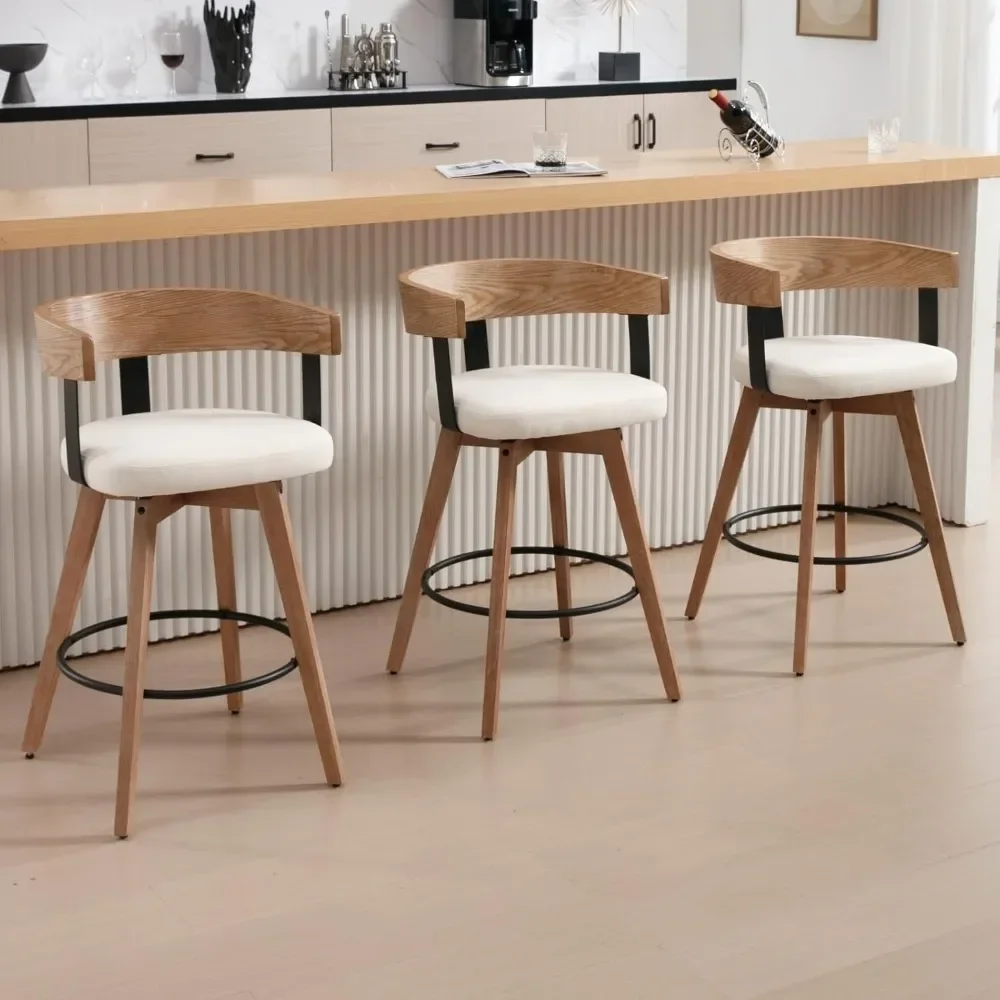 Bar Stools Set of 3 26" Counter Height Bar Stool with Footrest - Modern Wood Barstools with Linen Upholstered Seat, Bar Stools