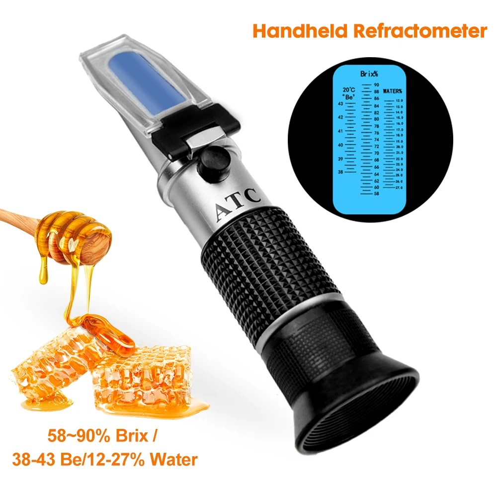 Refractómetro de miel portátil 3 en 1, medidor de concentración de azúcar Brix 58-90%, 38-43% grados Baume, prueba de 12-27% de contenido de agua