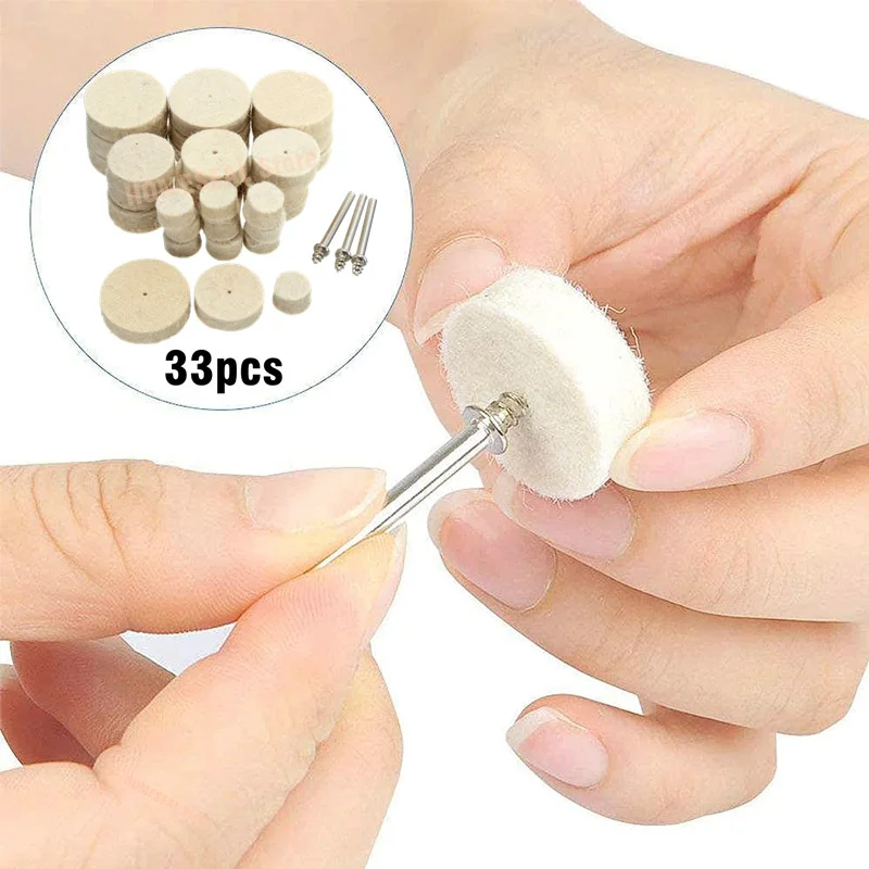 Rueda pulidora abrasiva de fieltro de lana, almohadilla de pulido, cepillo, cabezal de lijado, vástago de 3mm para herramienta rotativa Dremel, taladro manual, 33 Uds.