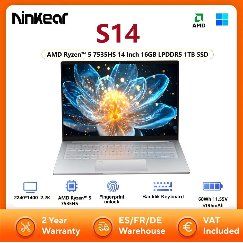 Ninkear S14 laptop touchscreen tablet AMD Ryzen ™   5 7535HS 14 inch 16 GB LPDDR5 1 TB SSD Computer Notebook Wifi 6