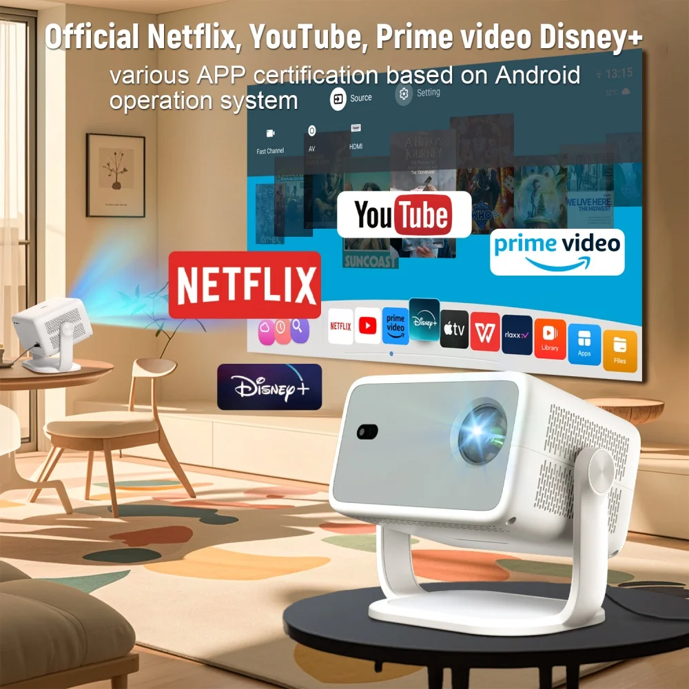 Proyector Velec Android 13 nativo 1080P 650ANSI Amlogic T950D4 Wifi6 BT5.2 certificación Netflix 4K proyector portátil para exteriores