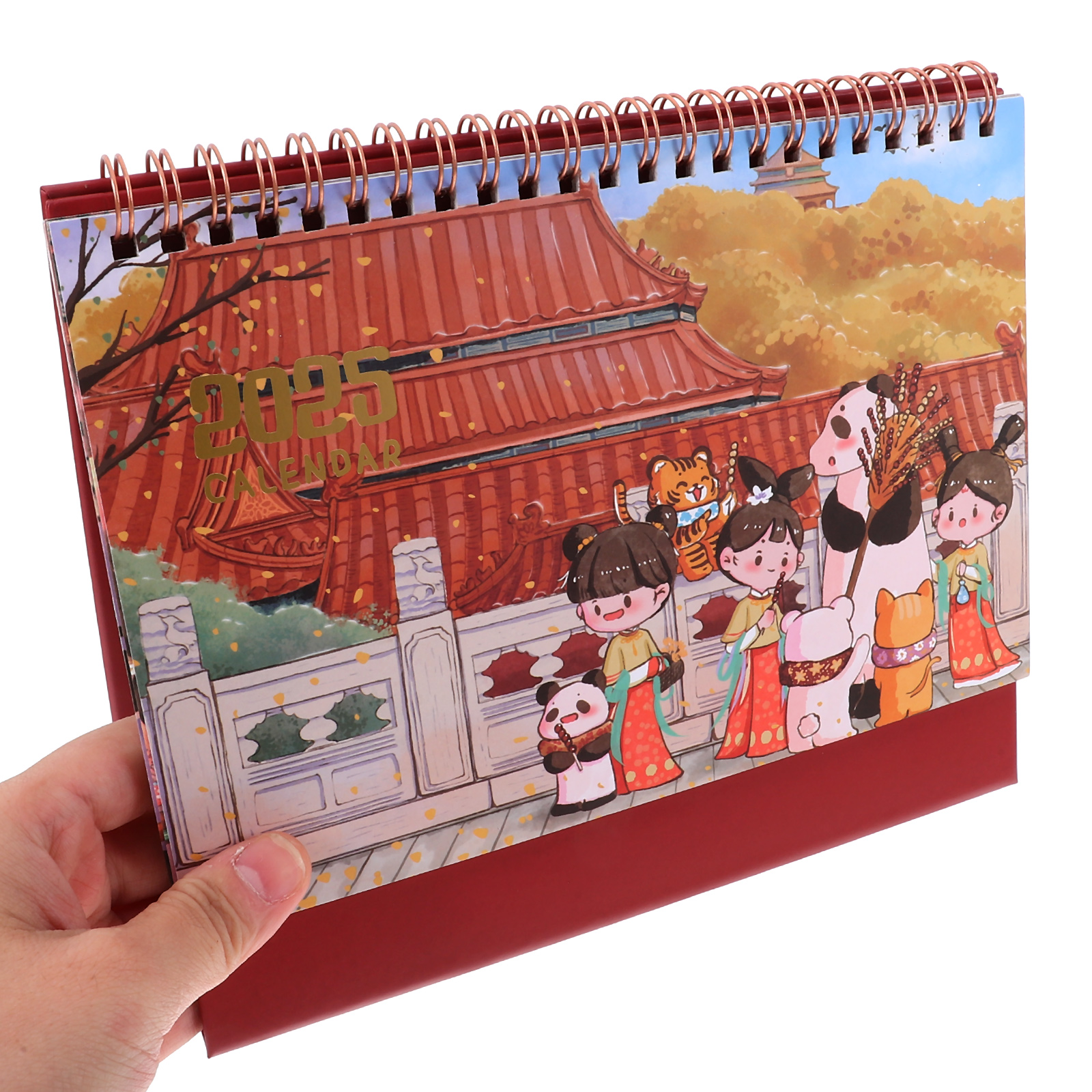 チャイニーズスタイルの卓上カレンダー,クリエイティブなコイルをテーマにしたオフィスアクセサリー,フラップ付き,漫画のデスクトップ,新年,月,カーランド,2025