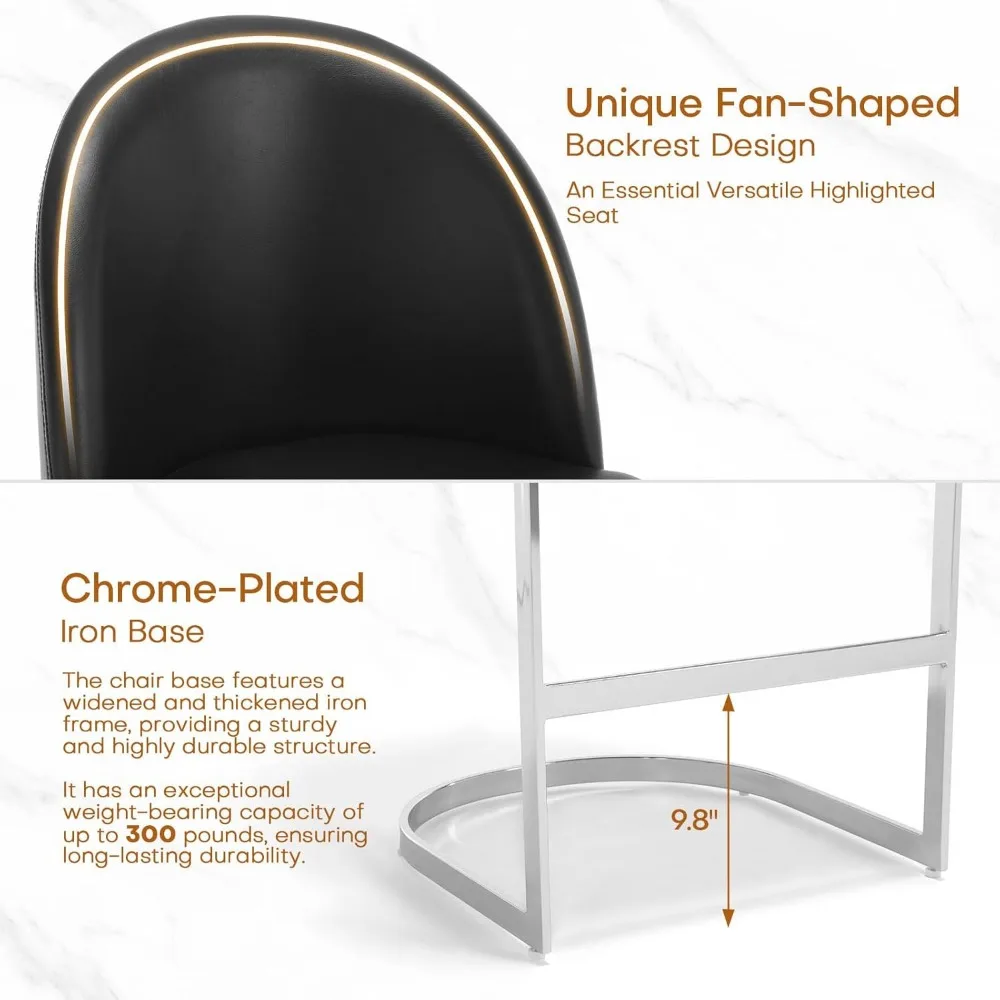 Counter Height Bar Stools Set of 3, 26" Upholstered Faux Leather Counter Stool with Scalloped Back and Metal Frame,