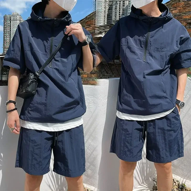 Conjunto casual de moletom e shorts com capuz masculino, estilo carga, manga curta, solto, monocromático, alta qualidade, moda bonito, verão