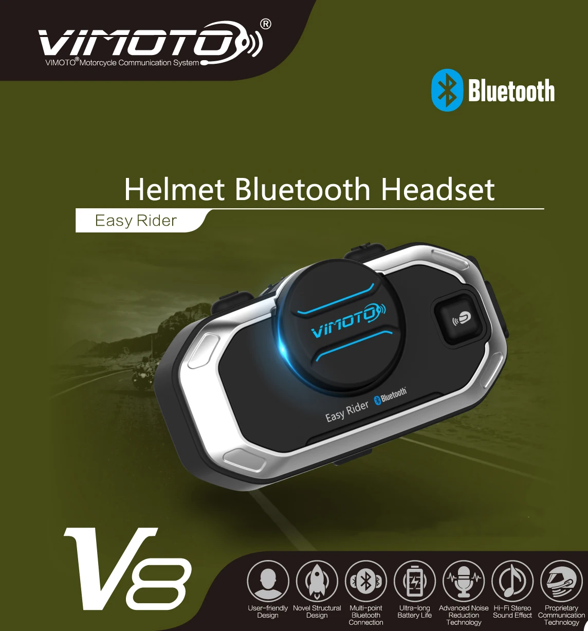 Easy Rider Vimoto V8 Capacete de motocicleta fone de ouvido interfone multifuncional compatível com Bluetooth
