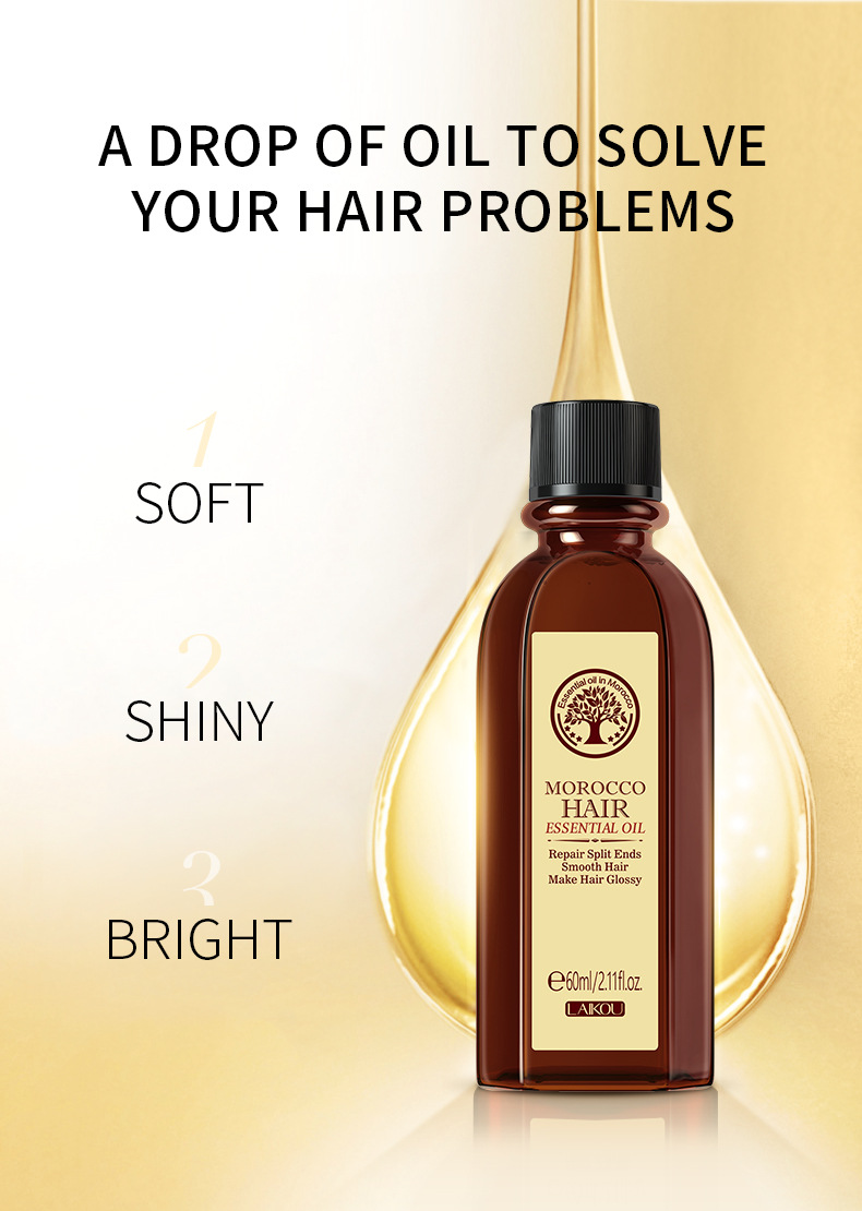 LAIKOU โมร็อกโก Hair Essential Argan Essence Oil Moisturizer Brightening Smooth Nourishing Repair ผมแห้งเสีย 60ml