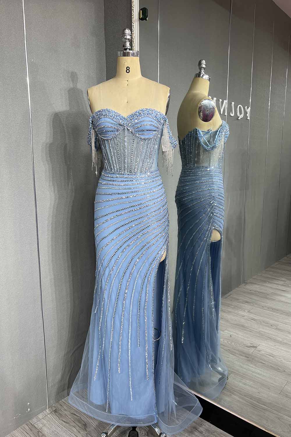 YQLNNE สีฟ้าปิดไหล่คริสตัลลูกปัดชุดราตรีประกวดยาว Tulle สีแดงพรมพรรคชุด Mermaid 025