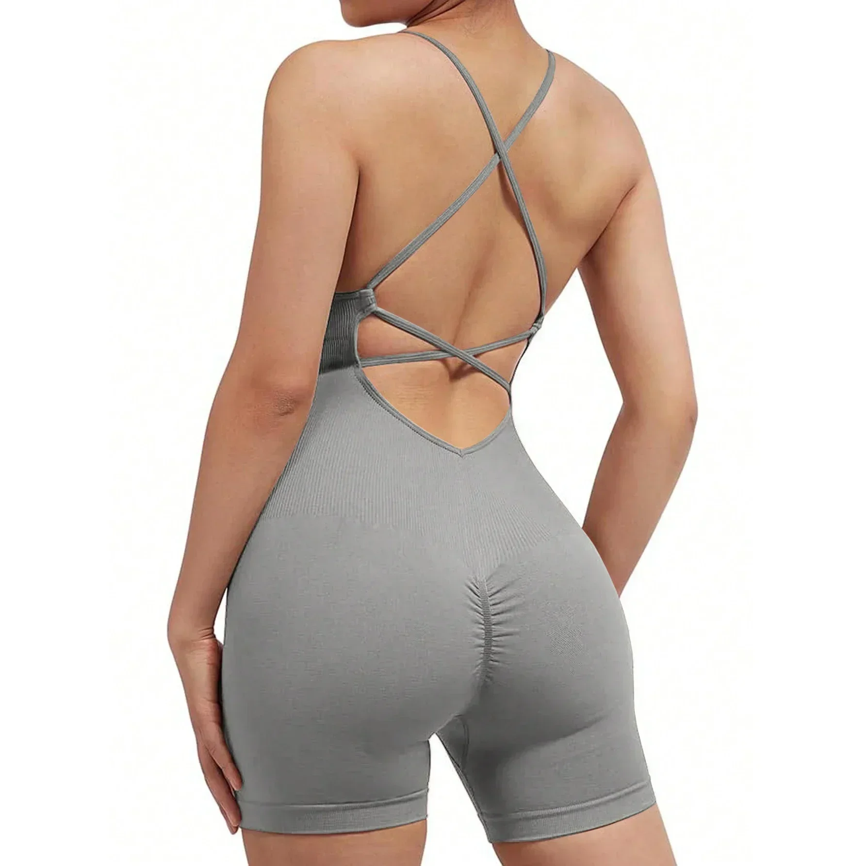 ผู้หญิง Criss Cross Backless Cami กีฬา Romper แขนกุดวิ่งออกกําลังกายโยคะกางเกงขาสั้น Jumpsuits