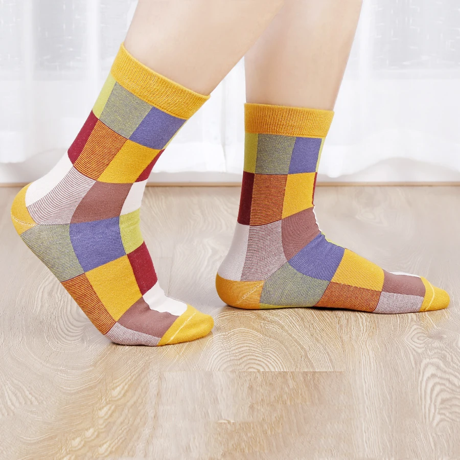 5 pares de calcetines de algodón peinado para hombre, calcetines de compresión para fiesta al aire libre, calcetines de vestir felices cuadrados y rayas coloridos a la moda para hombre