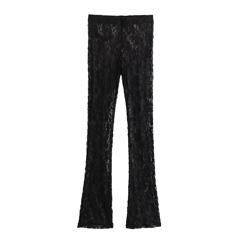 スリムフィットレースジャンプスーツトップス&パンツセットセクシーな長袖フラワー中空デザインOネックセクシーなジャンプスーツハイウエストパンツブラック