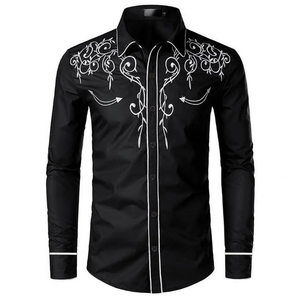 Men's Fashion Embroidered Shirt Western Cowboy Style Long Sleeve Lapel Collar Single Breasted Shirt Embroidery Casual Shirt Top