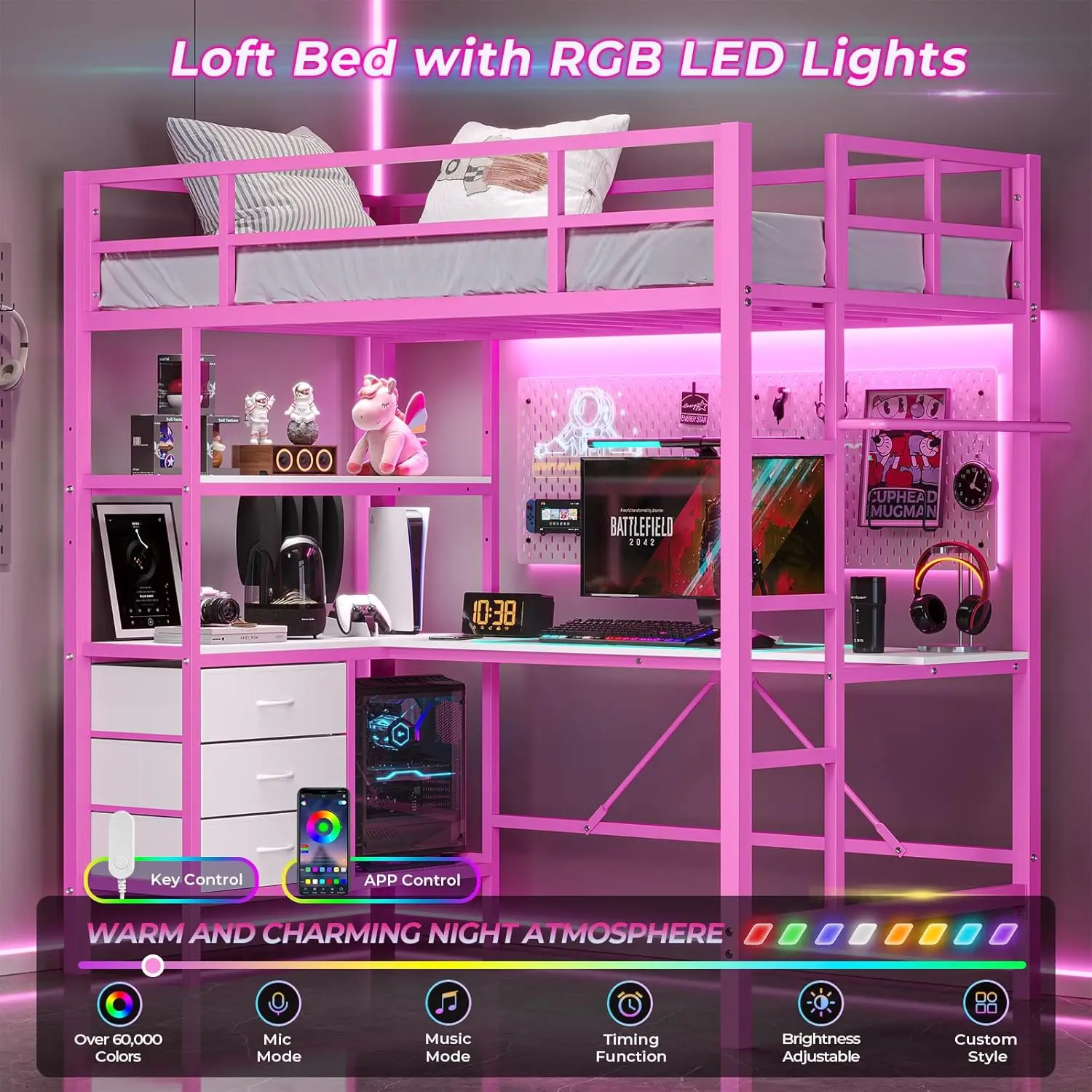 Loft Bed Twin Size with L-Shaped Desk, LED Lights and Charging Station Twin Metal Loft Bed Frame with 3 Storage Shelves