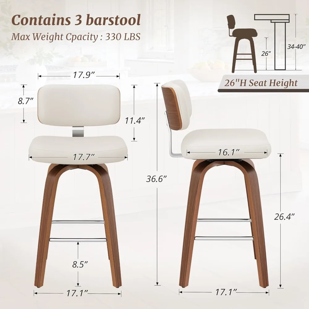 Swivel Counter Height Bar Stools Set of 3, 26" Upholstered Seat Barstools with Back Walnut Wood Legs, Mid-Century PU Leather Bar