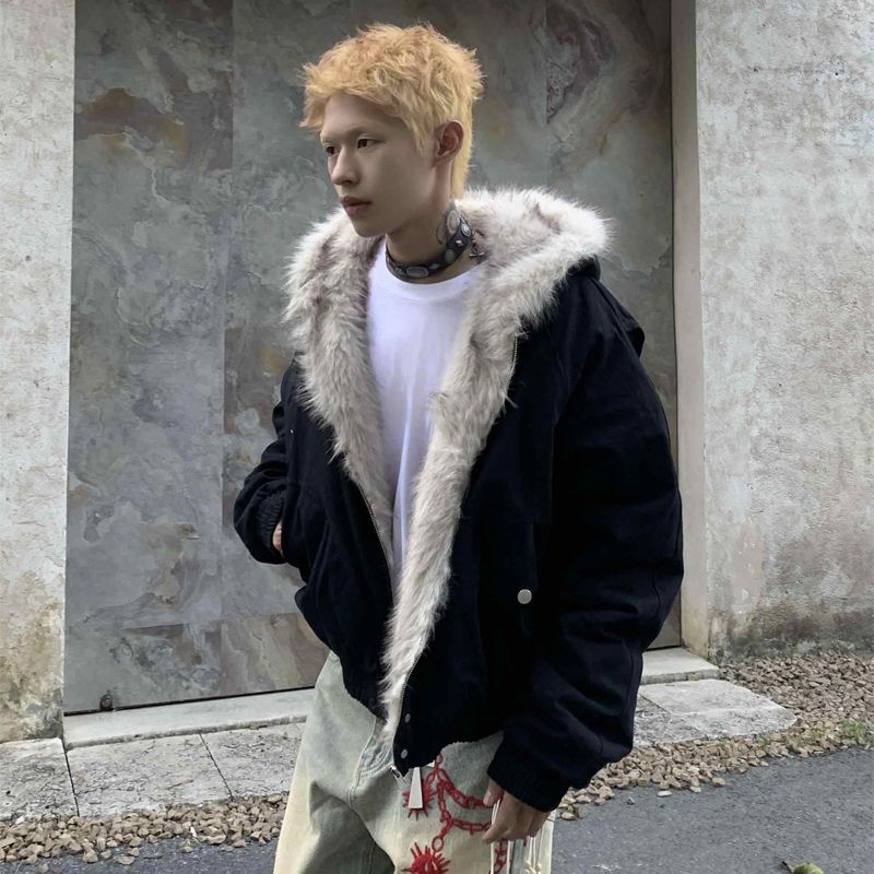 Chaqueta de algodón con capucha y cuello de lana Retro americano para hombre, Top de felpa grueso para invierno, chaqueta de gran tamaño gótica Harajuku de estilo Hip-Hop callejero