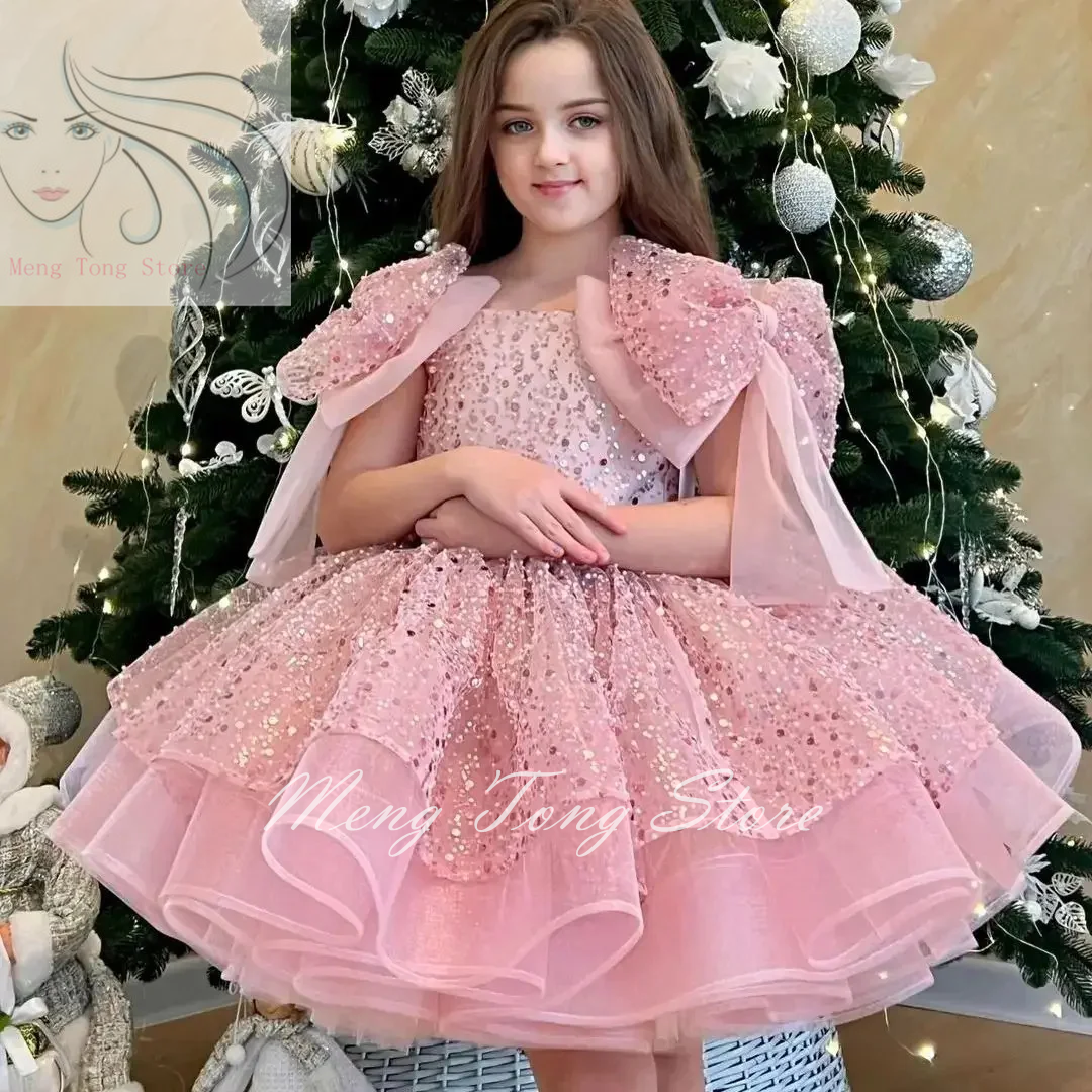 Vestido de champanhe com arco de glitter para casamento, vestido bonito do bebê Pageant, princesa, primeira comunhão, vestidos de baile, brilhando