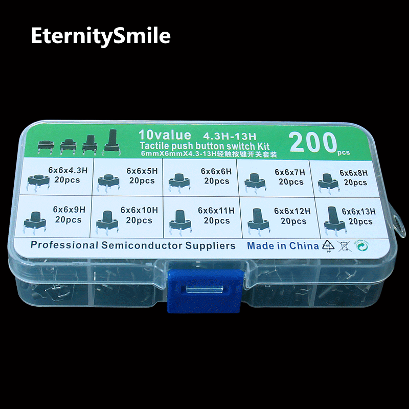 200 Teile/schachtel Tactile Push Button Switch Kit Touch 6*6*4.3/5/6/7/8/9/10/11/12/13 MM Taste 4 Pin DIP Key Micro Schalter Sets