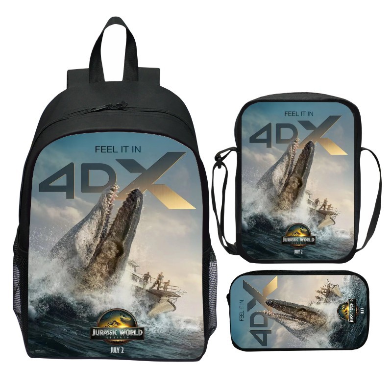 새로운 쥬라기 세계 3 조각 세트 배낭 만화 쥬라기 세계 다시 태어난 학생 배낭 어깨 가방 펜 가방