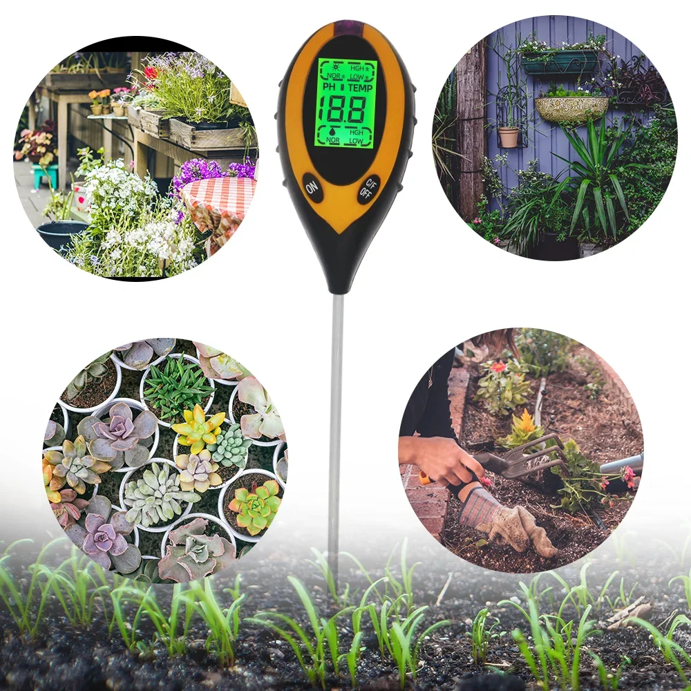 Probador de suelo 4 en 1, medidor de temperatura de humedad de PH, Monitor de humedad del suelo, herramienta de medida de acidez para plantas de jardín