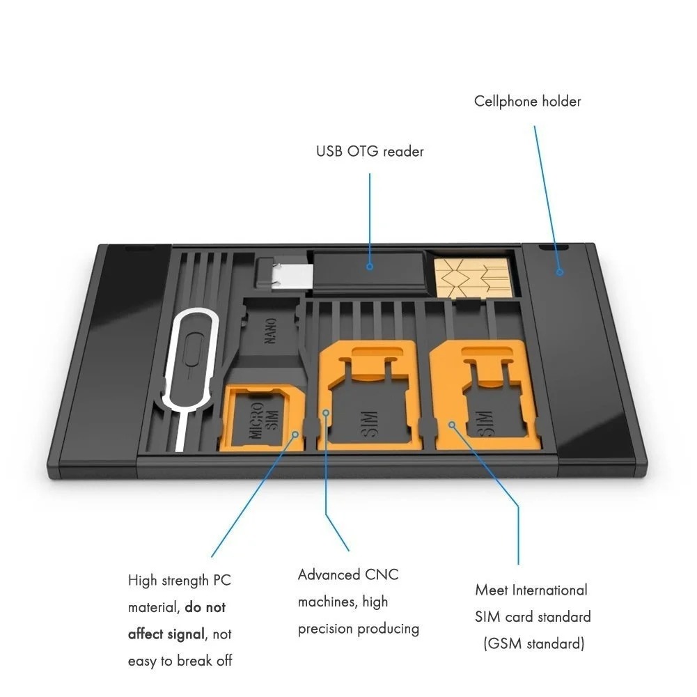 Kits de caja de almacenamiento de adaptador de Mini tarjeta SIM Universal 5 en 1 para lector de tarjetas de memoria Nano Micro SIM TF