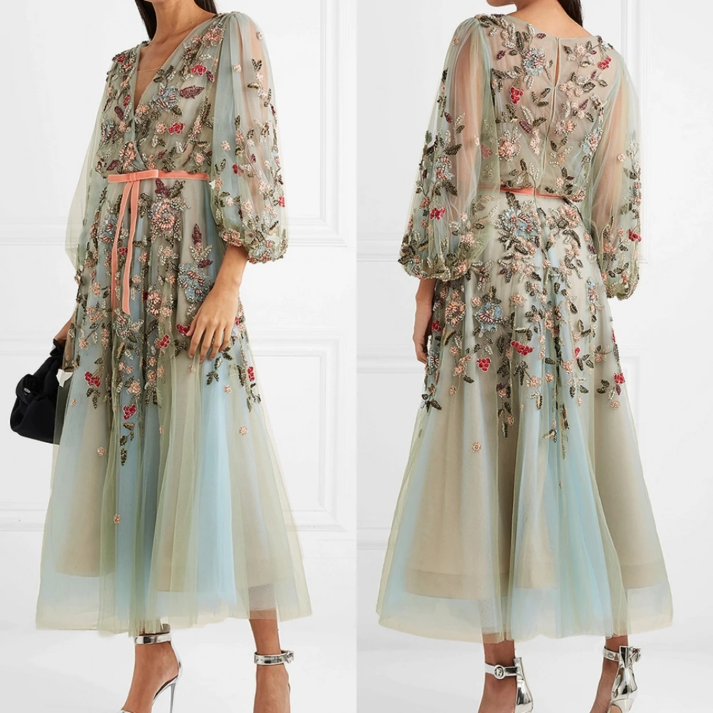 Vestido de noche personalizado de estilo moderno clásico, Formal, con cuello en V, corte en A, apliques de tul, vestido de noche para ocasiones a medida
