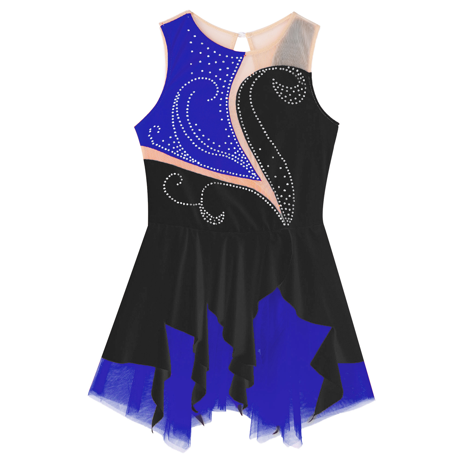 Vestido de baile lírico de Ballet para niñas, sin mangas, escote redondo, decorado con diamantes de imitación, vestido de baile de patinaje artístico de retazos