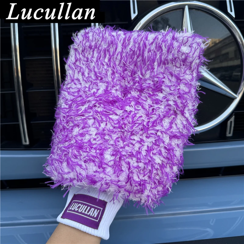Lucullan Logo Премиум Фиолетовые перчатки из микрофибры Супервпитывающая пенопластовая строчка Внутренняя подкладка Варежка для мытья автомобиля