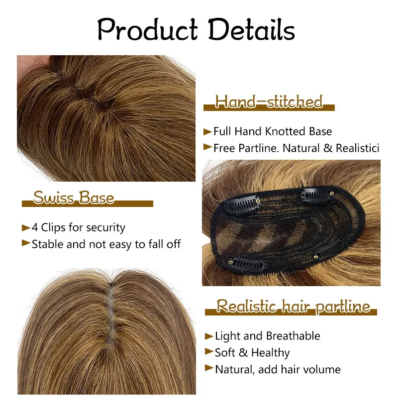 Extensões de cabelo humano para mulheres, peruca superior, Topper com clipes, rede de cabelo com cabelo diluindo, 9x14cm, 1 pc