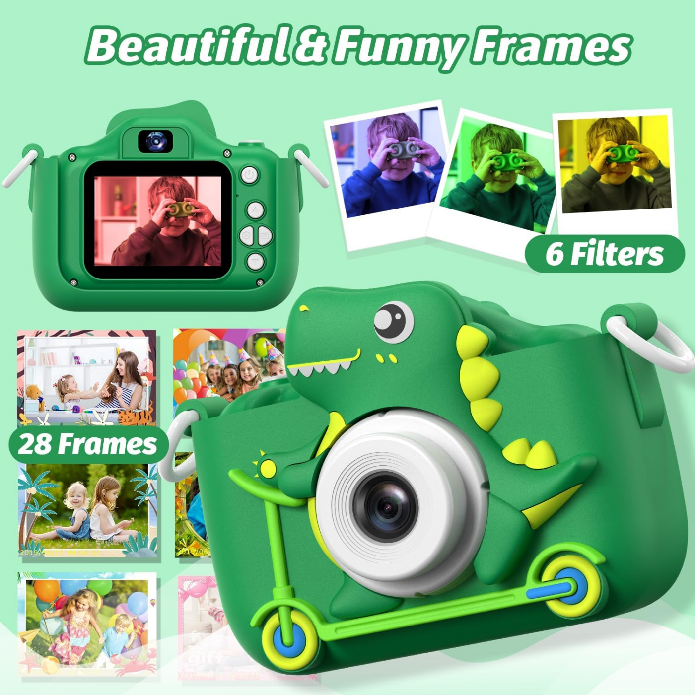 Câmeras infantis INOCTI, série de dinossauros, câmera infantil, câmera de vídeo digital para crianças pequenas, brinquedos para presentes de aniversário de Natal