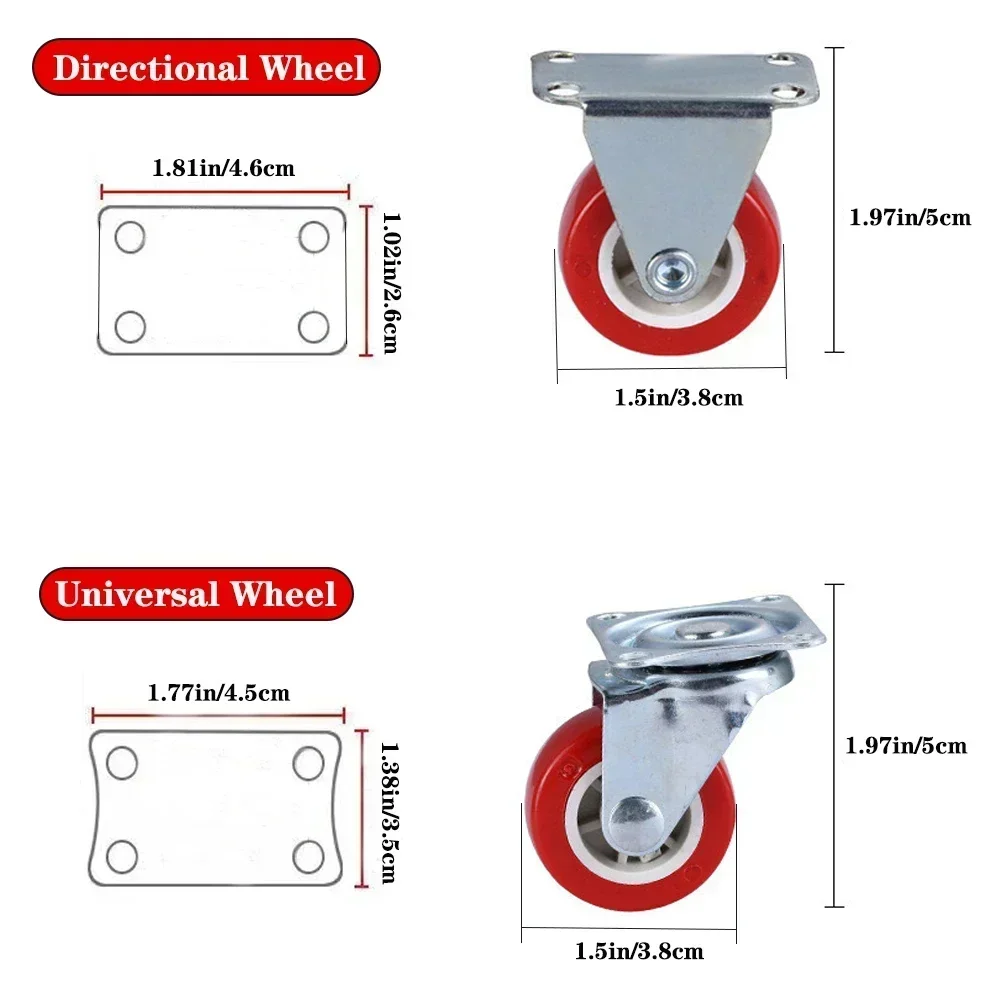 4-pack PVC 1,97 "Universele en directionele wielen, stille rode draaibare wielen, kruiwagen, meubelprojectwagen
