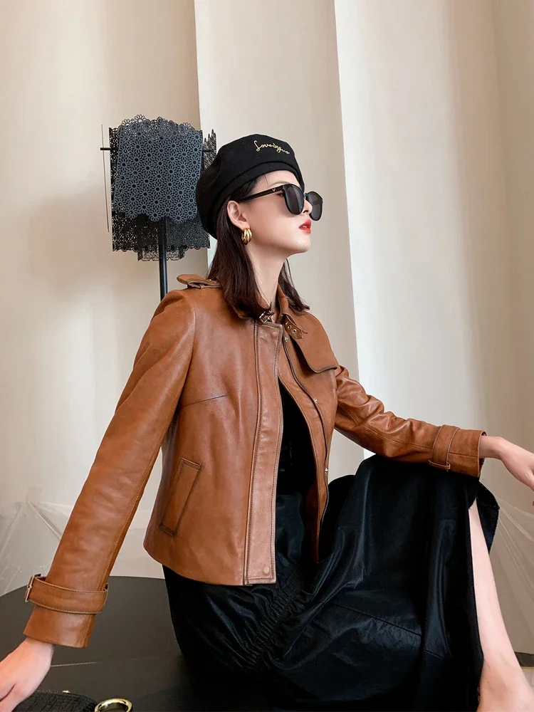 リアル本革ジャケット女性ヴィンテージシープスキンのコートショートスリム春秋のオートバイのバイカージャケット女性M7548 YY1793
