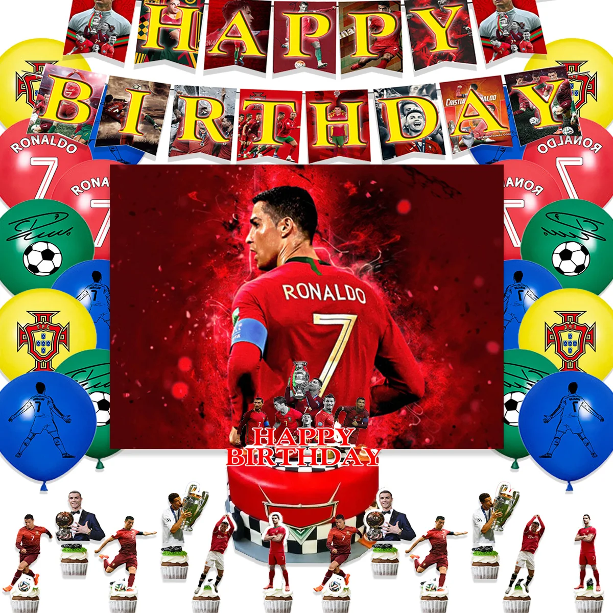 Cristiano&Ronaldo Theme Child Birthday Party Decoration Football Player Cr7 Balloon Banner Backdrops Cake Toppers Kid Adult Gift