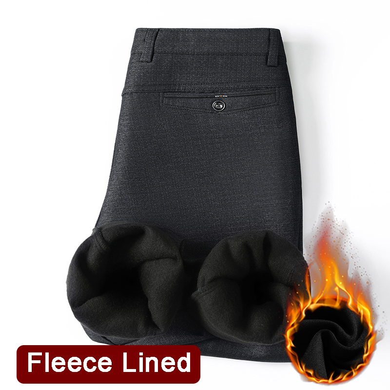 Pantalon de costume doublé polaire pour hommes, décontracté, ample, droit, noir, robe formelle, bleu marine, épais et chaud