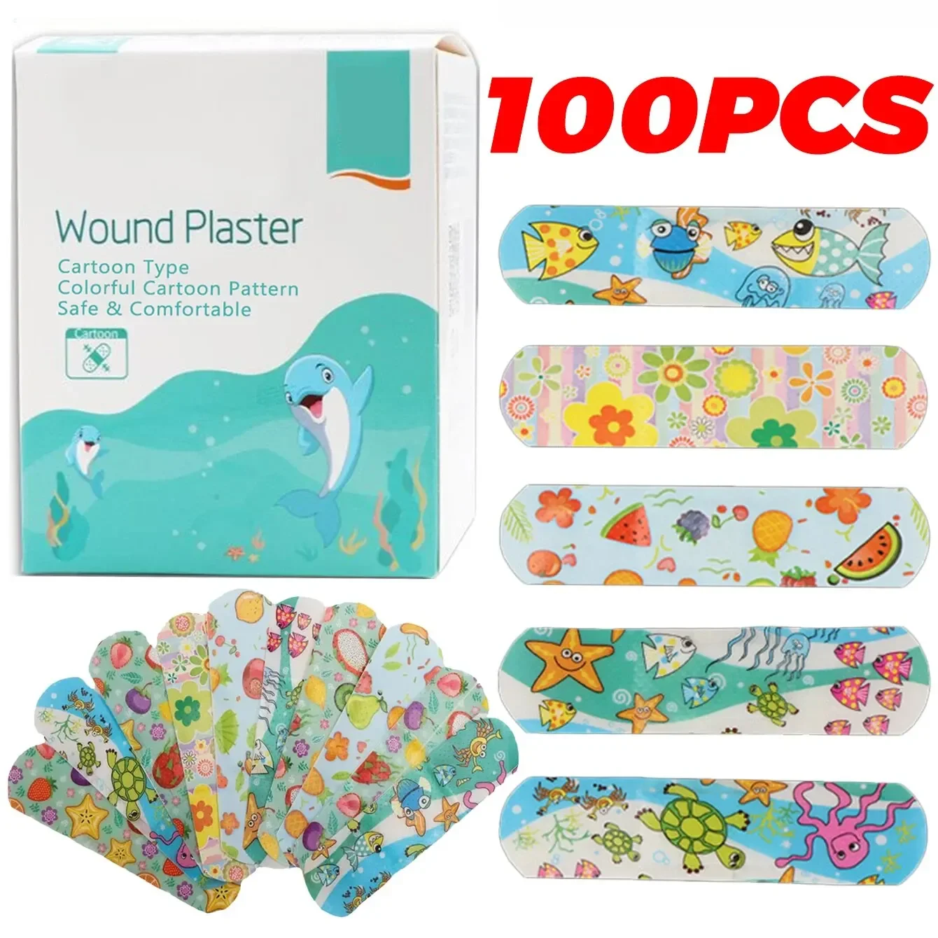 100 Uds. Vendajes para niños a granel, vendajes bonitos de dibujos animados, tiras adhesivas flexibles, médicas, impermeables, transpirables para niños