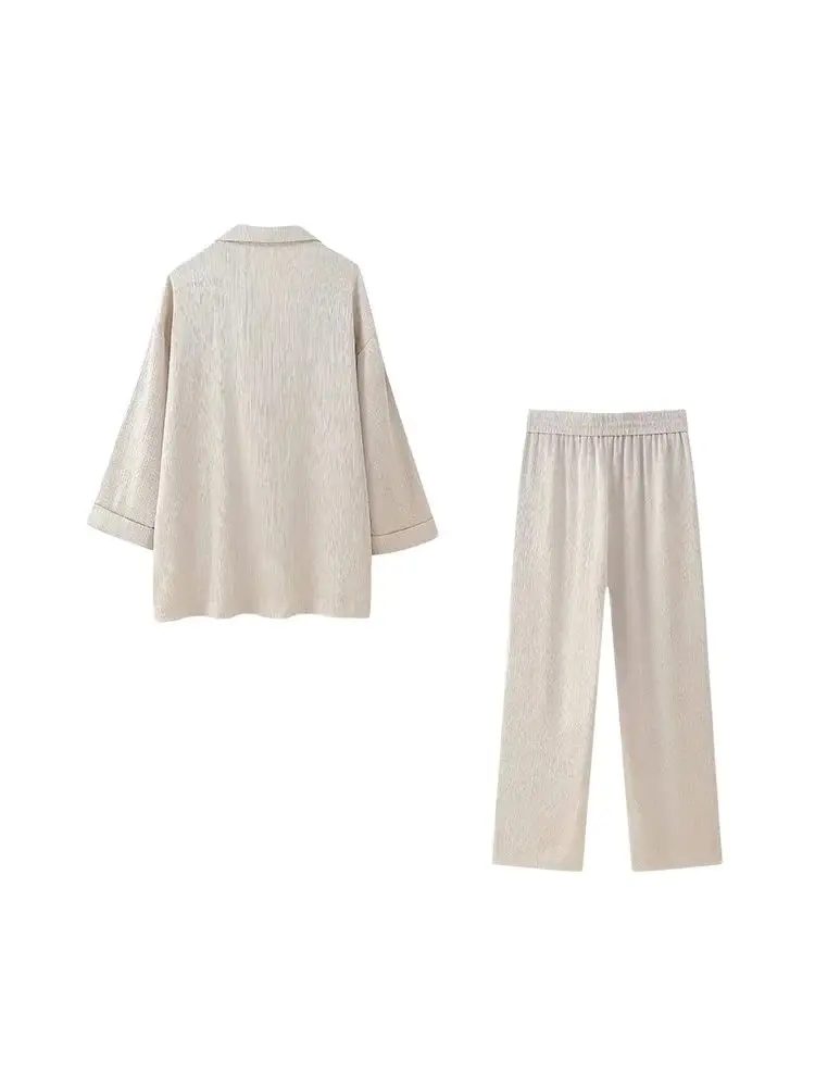 Zweireihiger, lockerer Blazer-Mantel für Damen und Hose mit hoher elastischer Taille und weitem Bein, zweiteilige weibliche Sets, Mode