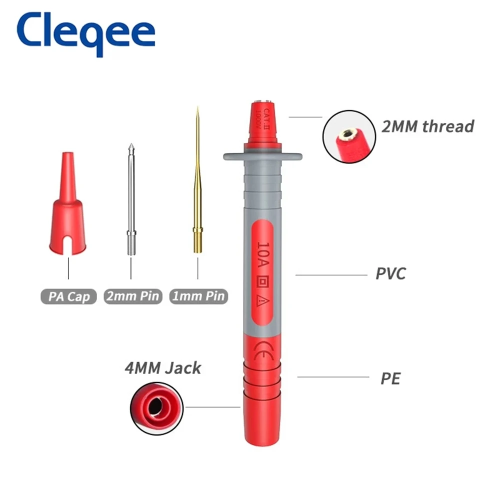 Cleqee P8003 pluma de sonda de prueba multímetro con agujas afiladas chapadas en oro reemplazables de 1mm + pluma de prueba multiusos de aguja de 2mm de espesor